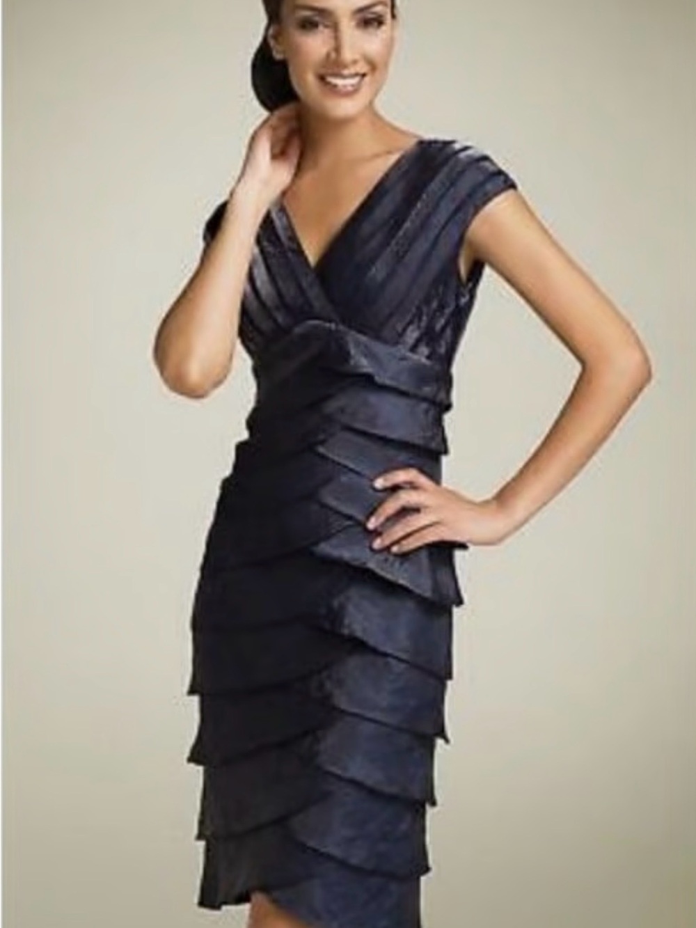 Adrianna Papell Dark Navy Tiered V-Neck Midi Dress